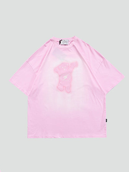 Vintage Round-Neck Bear Print Loose T-Shirts Tops