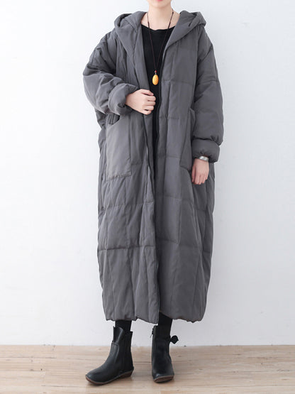 Simple White Duck Down Over Knee Solid Color Zipper Hooded Down Wear Coat