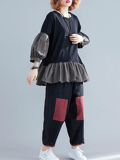 Loose Solid Falbala Split-joint Lantern Sleeve T-Shirt&Pants Suits