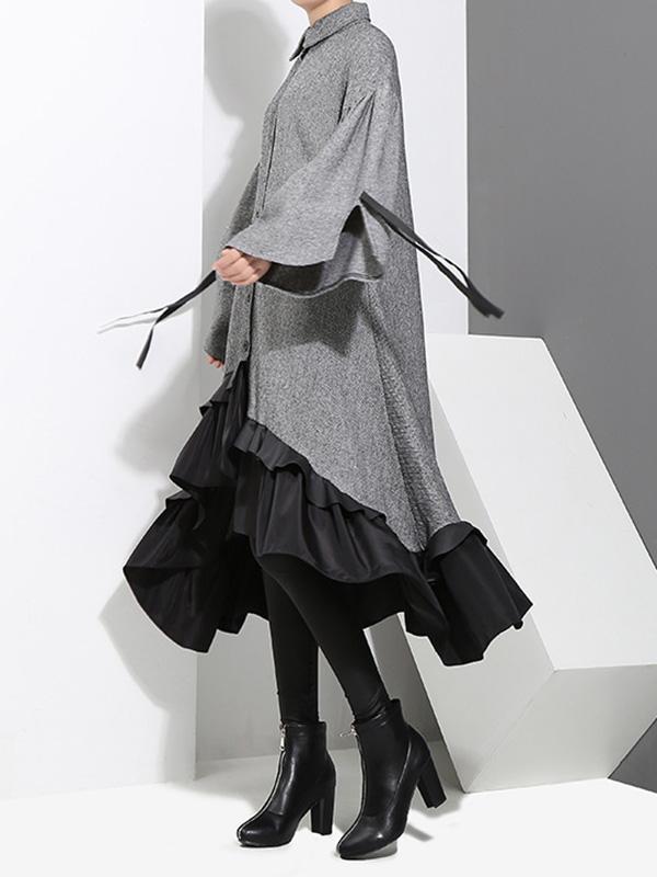 Loose Split-joint Falbala Lapel Blouse Dress