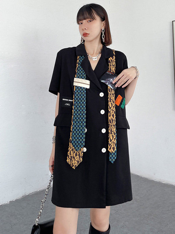 Stylish Buttoned Tie Split-Joint With Pocket Applique Notched Collar Short Sleeves Mini Shirt Dress