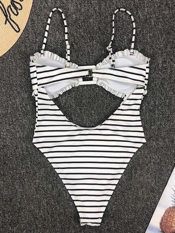 Stripes-Print Hollow One-Piece Swimwear