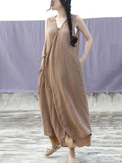 Literary Sleeveless Ramie Cotton Long Dress