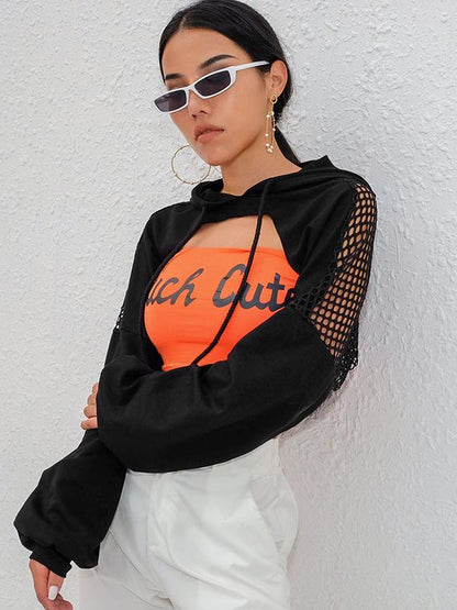 Fashion Split Joint Gauze Short Hoodies&Sweatshirt Tops