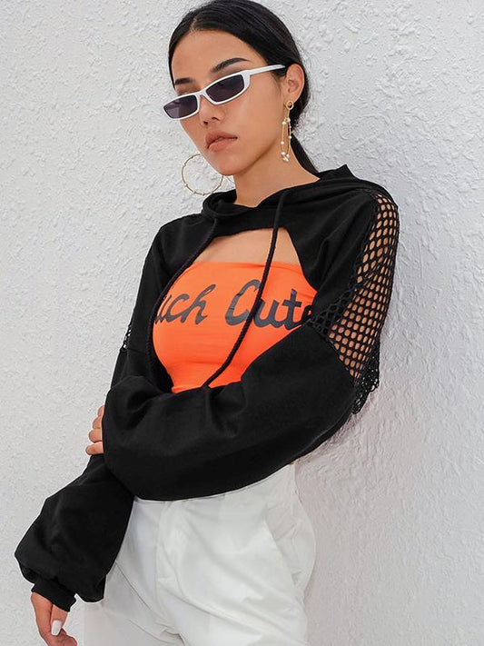 Fashion Split Joint Gauze Short Hoodies&Sweatshirt Tops