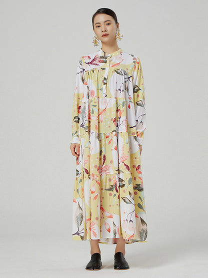 Stylish Buttoned Printed Loose Long Sleeves Midi Dress