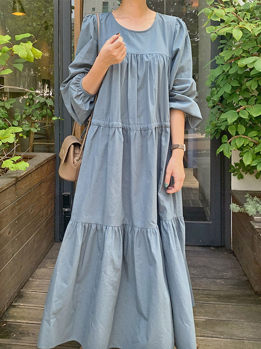 Casual Solid Color Pleated Drawstring Round-Neck Long Sleeves Midi Dress