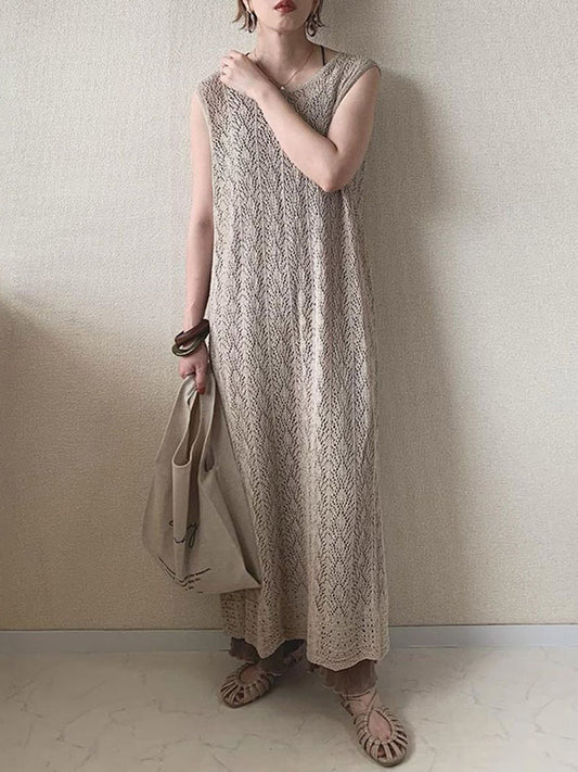 Original Knitting Round-Neck Sleeveless Hollow Split-Back Dress