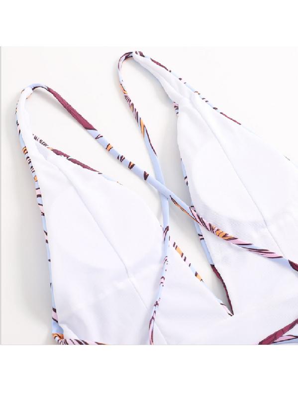 V-Neck Stripe Stitching Printing One-Piece Swimwear