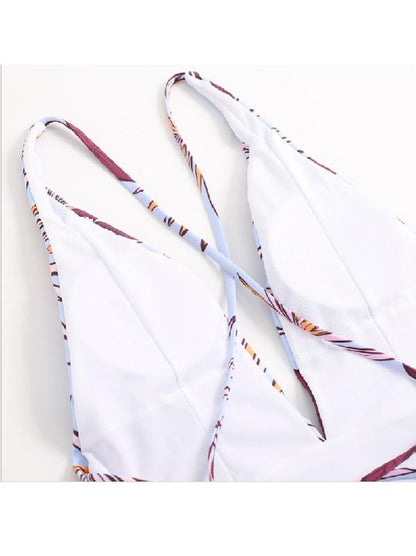 V-Neck Stripe Stitching Printing One-Piece Swimwear