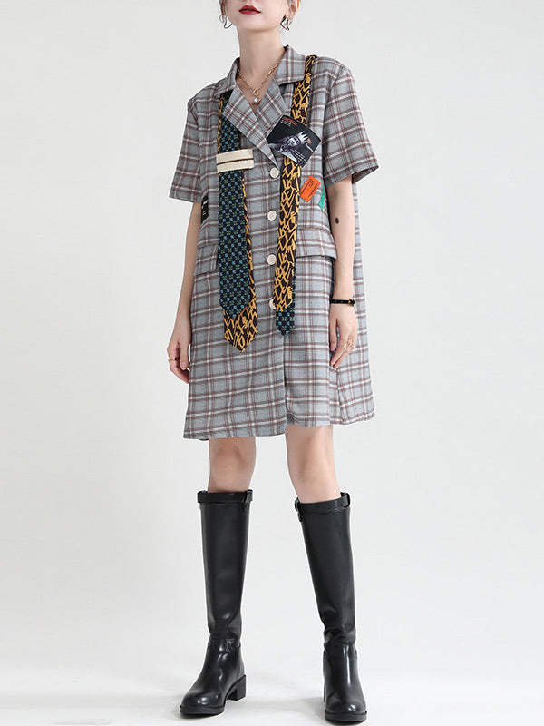 Urban Asymmetric Plaid Double Breasted Notched Collar Short Sleeves Mini Dress