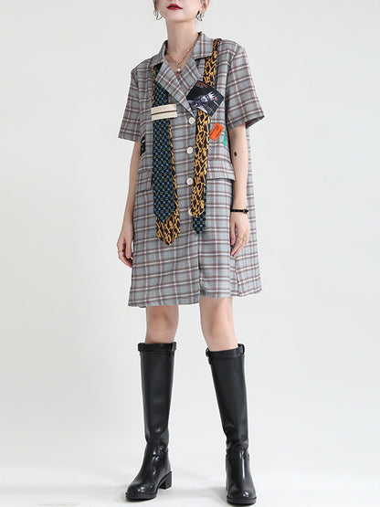Urban Asymmetric Plaid Double Breasted Notched Collar Short Sleeves Mini Dress