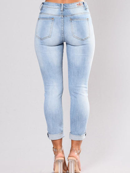 Elastic Embroidered Ripped Pencil Jean Pants Bottoms
