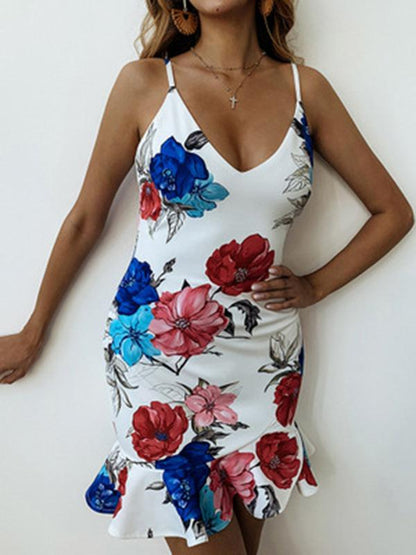 Floral Spaghetti-neck V-neck Mini Dress