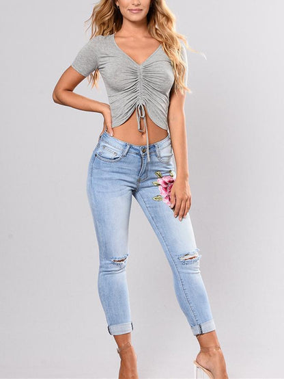 Elastic Embroidered Ripped Pencil Jean Pants Bottoms