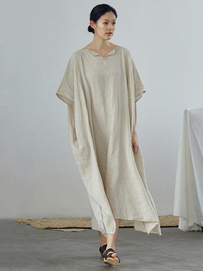 Loose Linen Apricot Split-side Ramie Long Dress