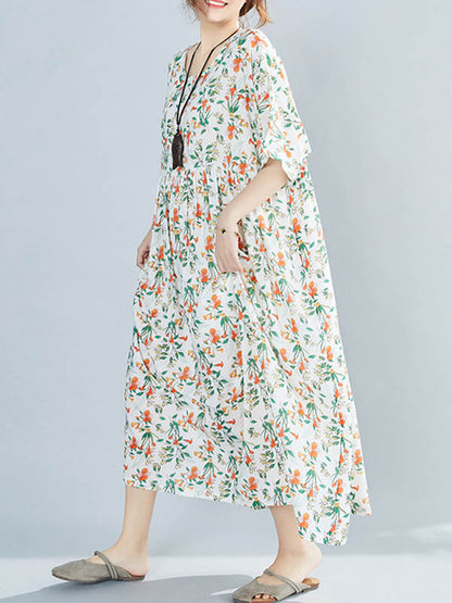 Casual Floral Printed Round-Neck Short Sleeves Midi Dress