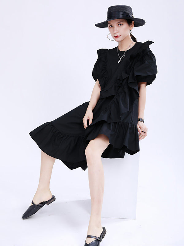 Original Irregular Solid Color Split-Joint Falbala Round-Neck Short Sleeves Midi Dress