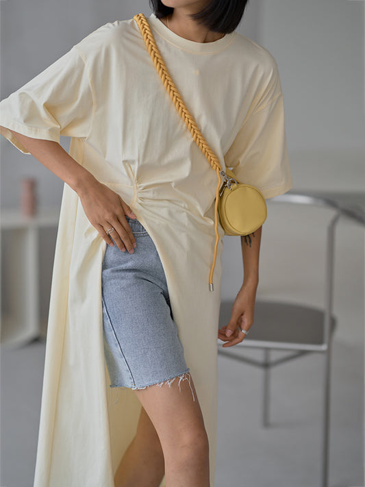 Casual Girlish Split-Side Pleated Half Sleeves Round-Neck Long T-Shirts