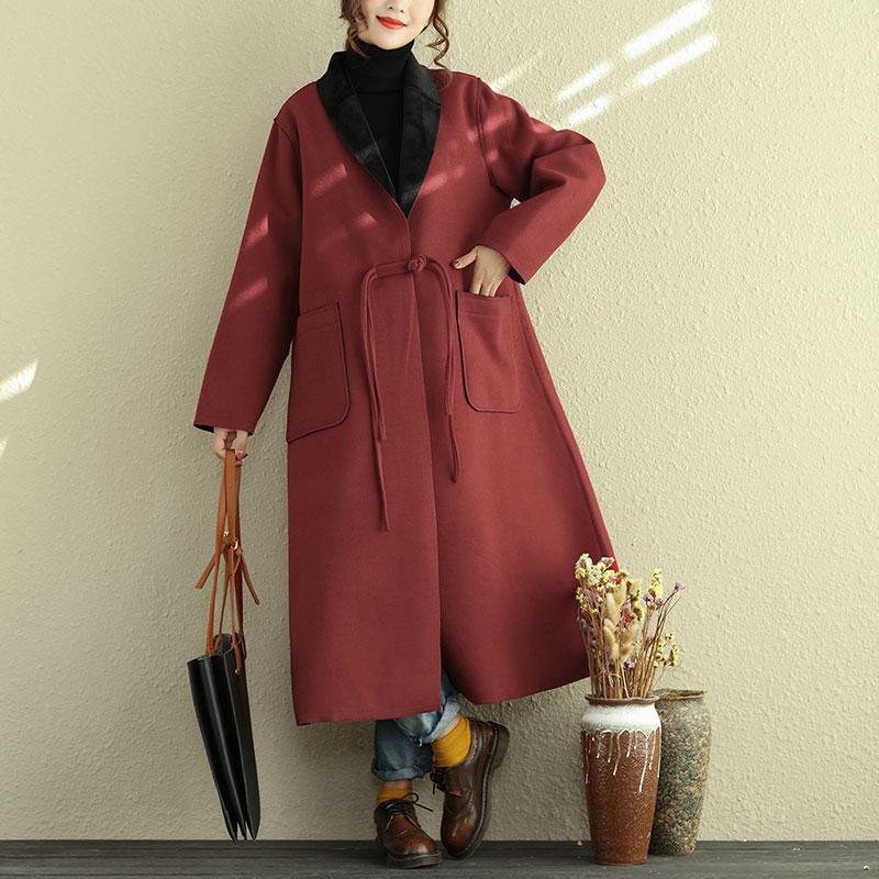 Casual Polo Collar Long Sleeve Red Women Woolen Coat