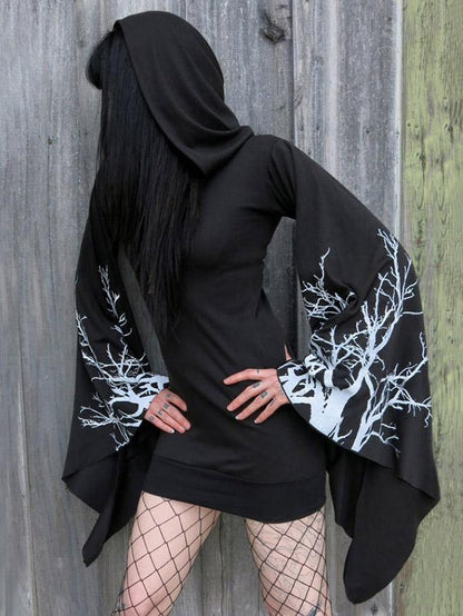 Black Hooded Flared Sleeves Mini Dress