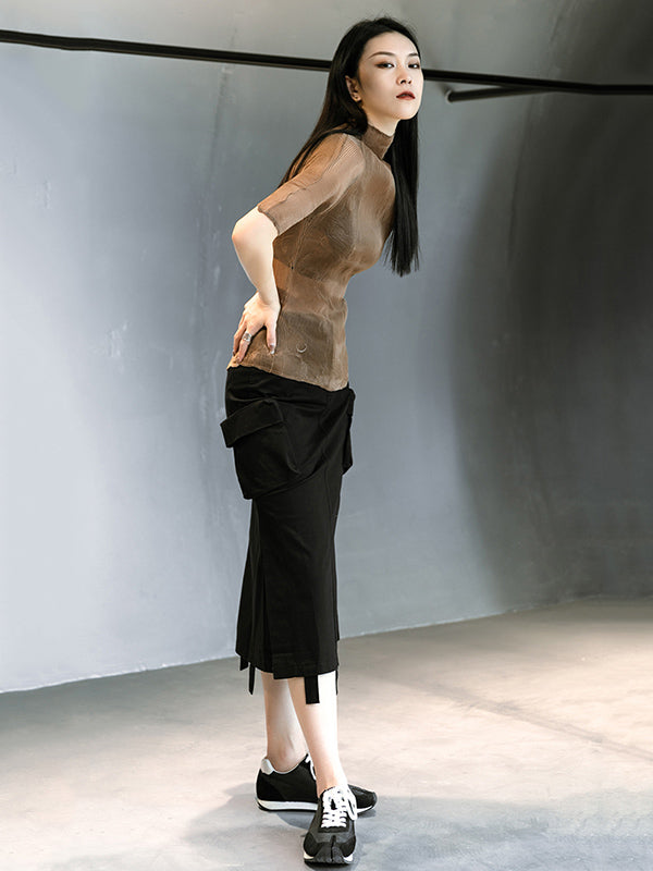 Original Solid Color High-Neck Long Sleeve See-Through T-Shirts Tops