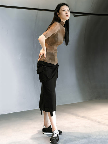 Original Solid Color High-Neck Long Sleeve See-Through T-Shirts Tops