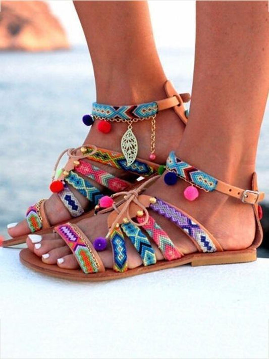 Bohemia Floral Pompoms & Leaf Decorated Beach Flat Sandals