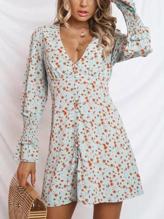 V-neck Floral Long Sleeves Button Front Mini Dress