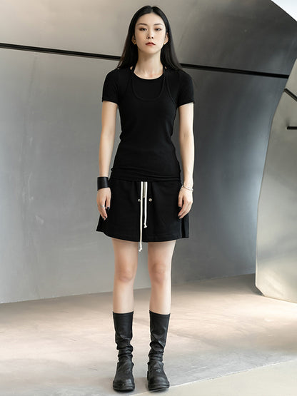 Stylish Halterneck Solid Color False Two Short Sleeves T-Shirt