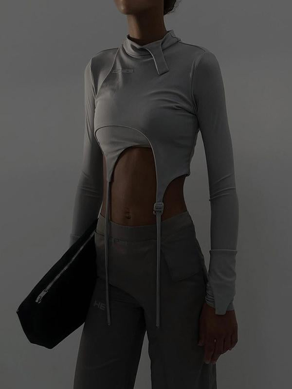 Solid Navel Exposed False Two Tight-Fitting Tops