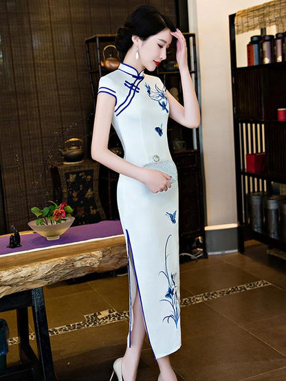 White Embroidered Split-side Long Cheongsam