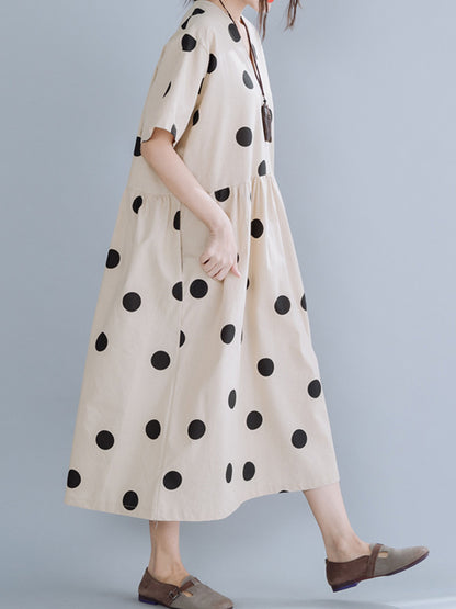Simple Asymmetric Polka-Dot V-Neck Loose Short Sleeves Midi Dress