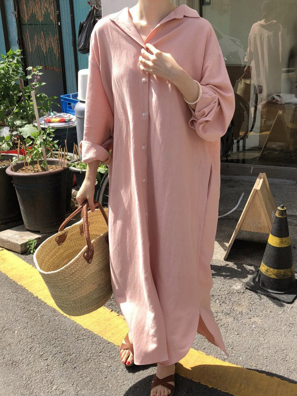Casual Ramie Cotton Solid Color Buttoned Lapel Collar Long Sleeves Midi Shirt Dress