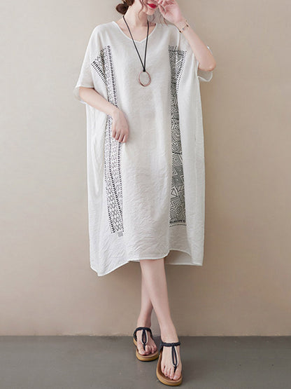 National Printed Batwing Sleeves Round-Neck Loose Midi Dress