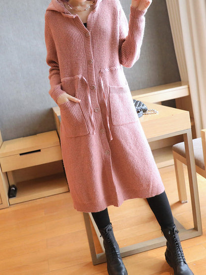 Casual Loose Solid Color Split-Joint With Pocket Buttoned Drawstring Hooded Long Sleeves Knitted Cardigan Outwear