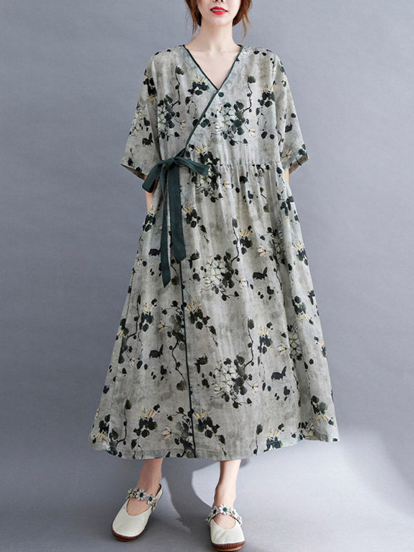 Artistic Retro Loose Tied Floral Printed Pleated V-Neck Short Sleeves Midi Dress