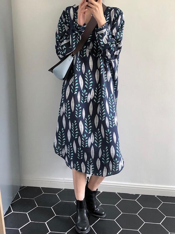 V-neck Leaf Pattern Loose Printed Midi Dresses