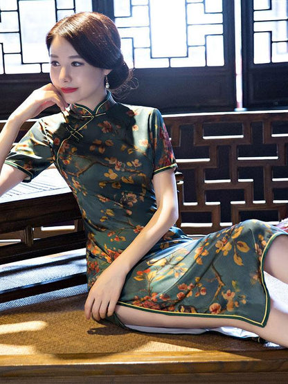 Green Peach Blossom Print Stand-collar Long Cheongsam