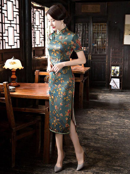 Green Peach Blossom Print Stand-collar Long Cheongsam