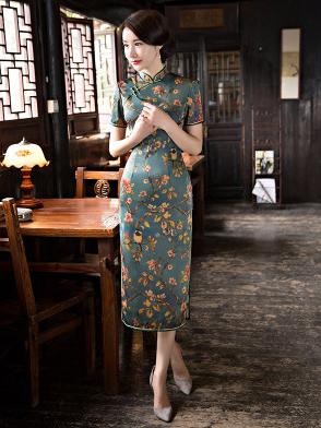 Green Peach Blossom Print Stand-collar Long Cheongsam