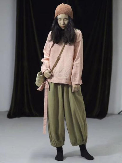Vintage Linen Solid Lace-up Long Sleeves T-shirt