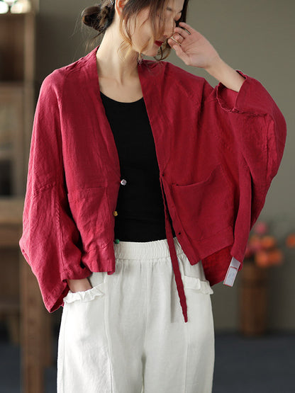 Casual V-Neck Linen Batwing Sleeves Outerwear