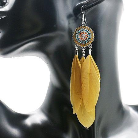 Fashion round flower ethnic retro tassel feather pendant long section earrings