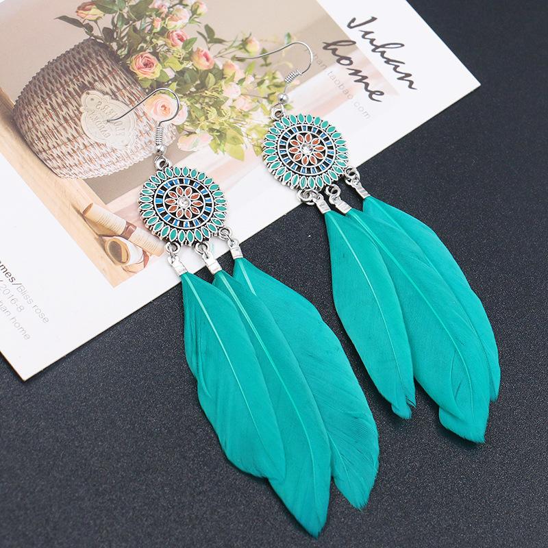 Fashion round flower ethnic retro tassel feather pendant long section earrings
