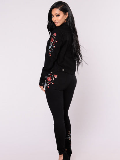 Black Elastic Embroidered Pencil Jean Pants Bottoms