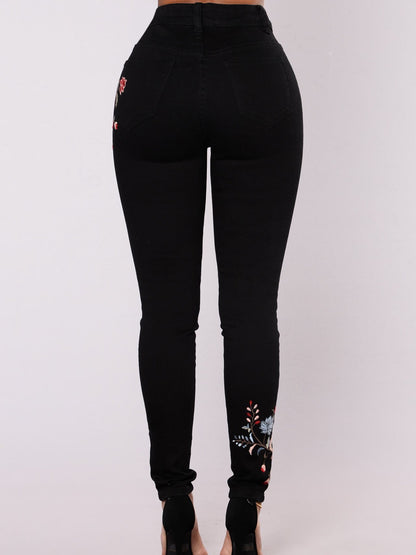 Black Elastic Embroidered Pencil Jean Pants Bottoms
