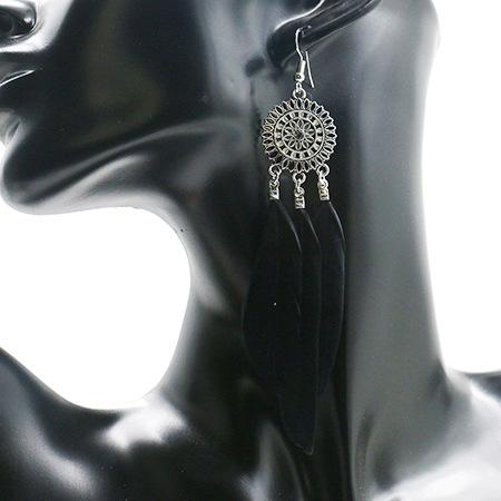 Fashion round flower ethnic retro tassel feather pendant long section earrings