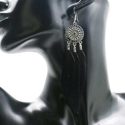 Fashion round flower ethnic retro tassel feather pendant long section earrings