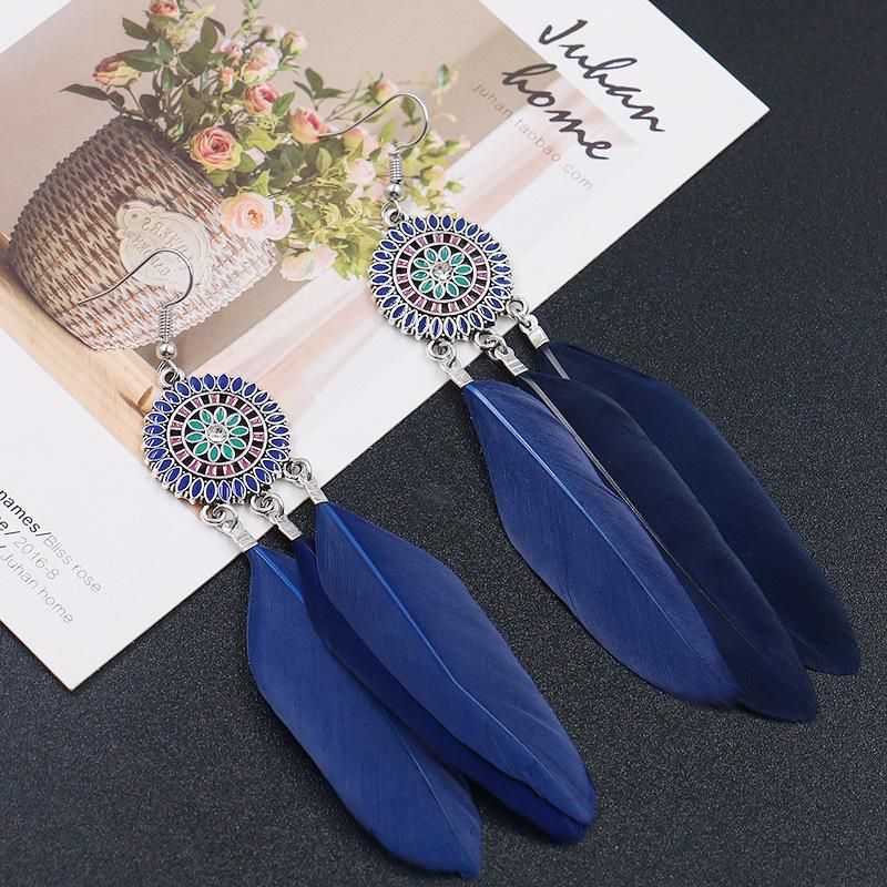 Fashion round flower ethnic retro tassel feather pendant long section earrings
